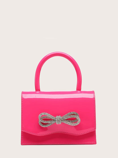 Kvadrata saketo kun mini-ŝtofoj kaj bantornamaĵo, PU-klapo, por ĉiutaga uzo