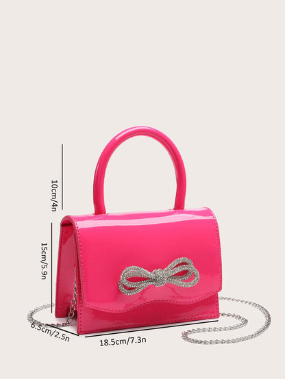 Kvadrata saketo kun mini-ŝtofoj kaj bantornamaĵo, PU-klapo, por ĉiutaga uzo