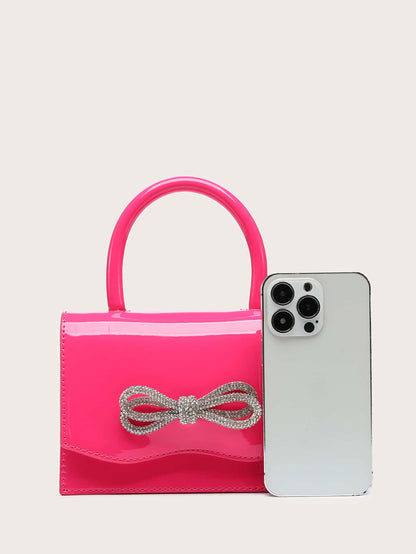 Kvadrata saketo kun mini-ŝtofoj kaj bantornamaĵo, PU-klapo, por ĉiutaga uzo