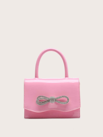 Kvadrata saketo kun mini-ŝtofoj kaj bantornamaĵo, PU-klapo, por ĉiutaga uzo