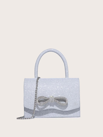 Kvadrata saketo kun mini-ŝtofoj kaj bantornamaĵo, PU-klapo, por ĉiutaga uzo