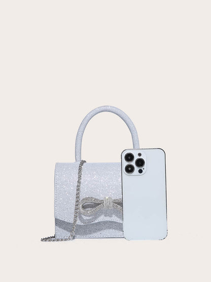 Kvadrata saketo kun mini-ŝtofoj kaj bantornamaĵo, PU-klapo, por ĉiutaga uzo