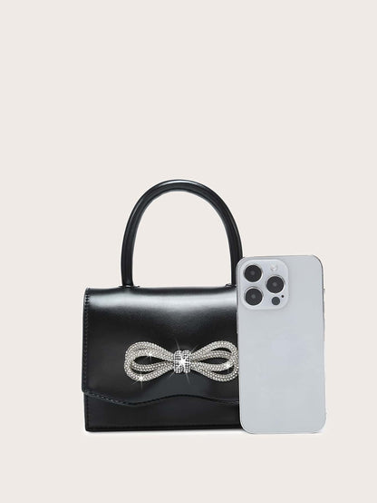 Kvadrata saketo kun mini-ŝtofoj kaj bantornamaĵo, PU-klapo, por ĉiutaga uzo