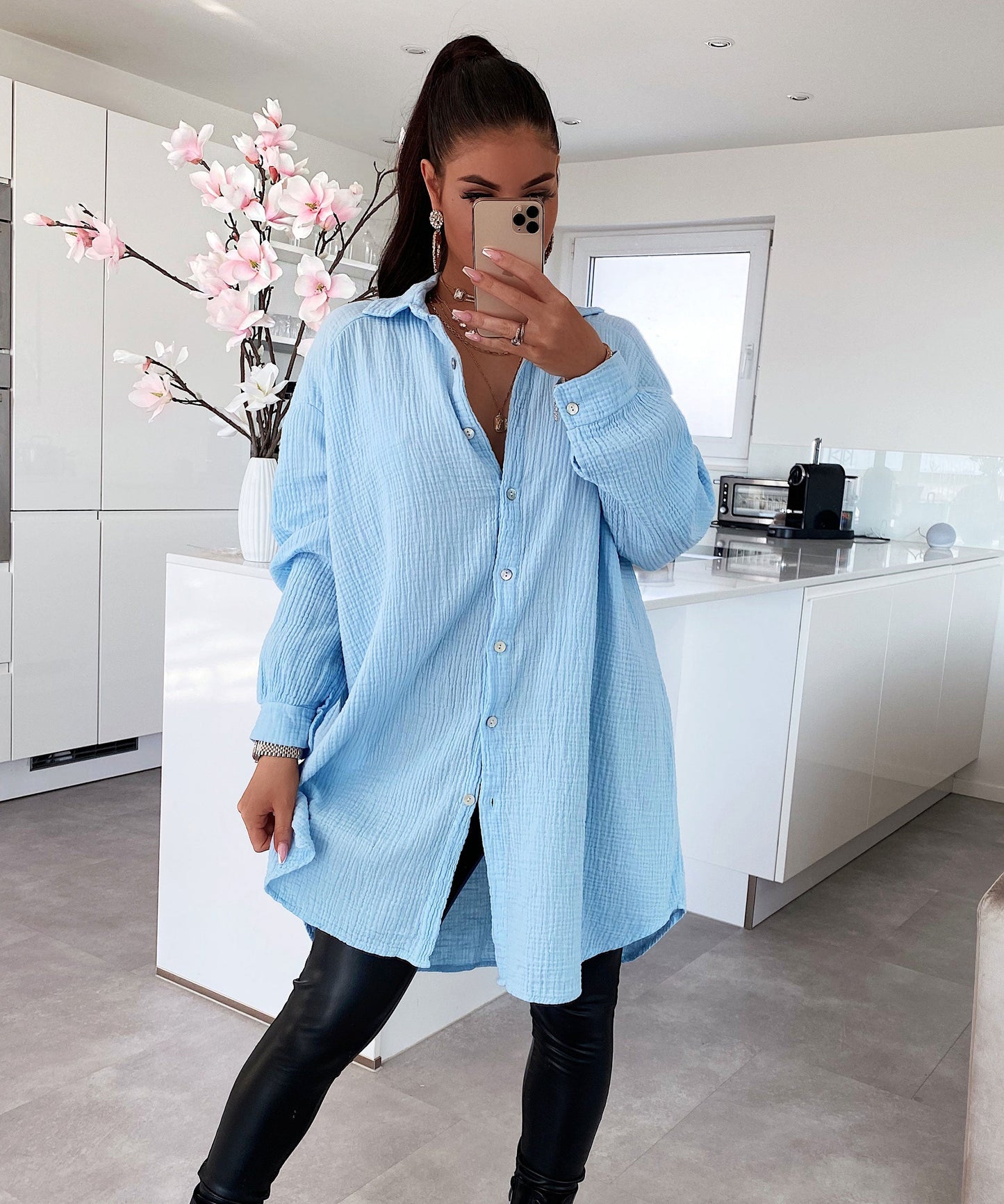 Oversize Musselin Bluse Freya Hellblau Lang