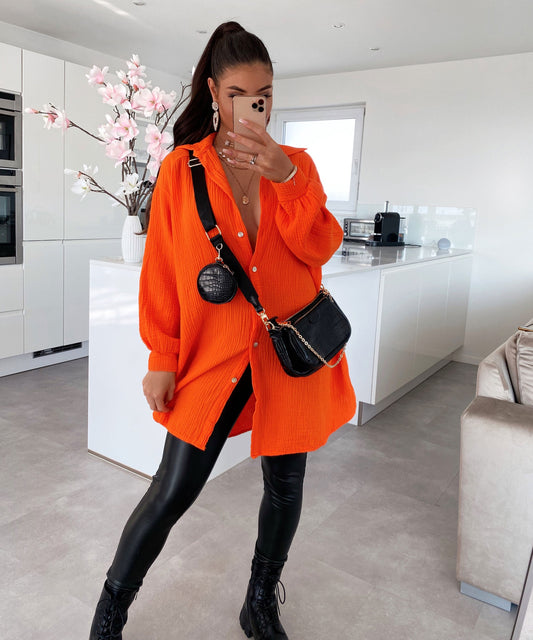 Supergranda muslina bluzo Freya Oranĝa Longa