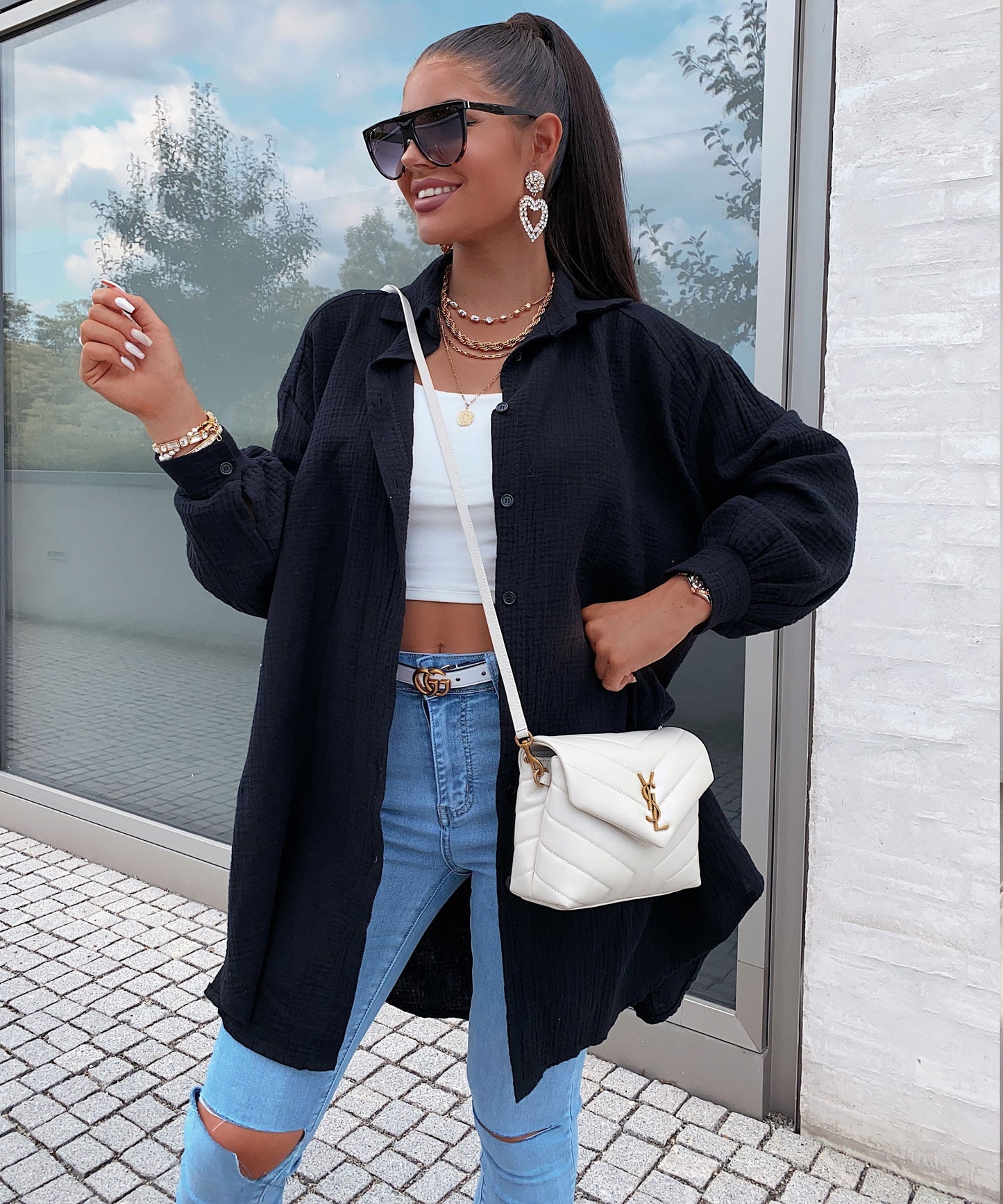 Oversize muslin blouse Freya black long