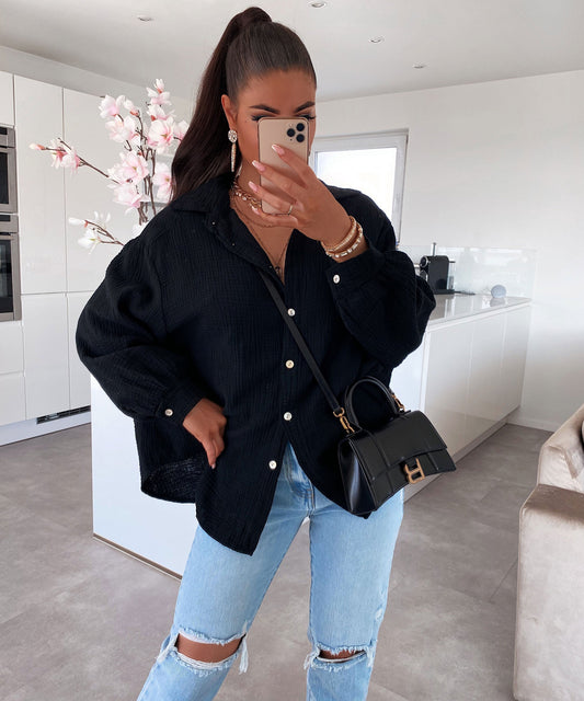 Supergranda muslina bluzo Freya Nigra Mallonga