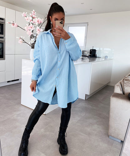 Oversize Musselin Bluse Freya Hellblau Lang
