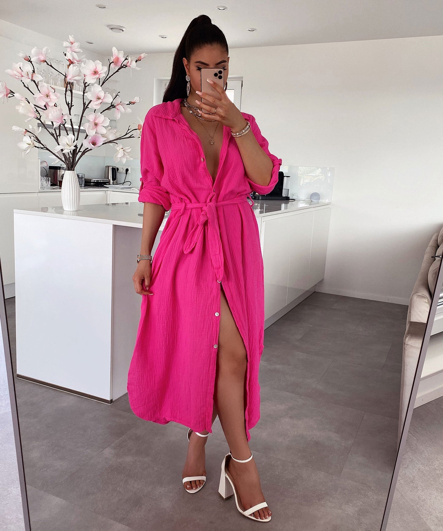 Muslina robo Elena Lang Fuksia Rozkolora