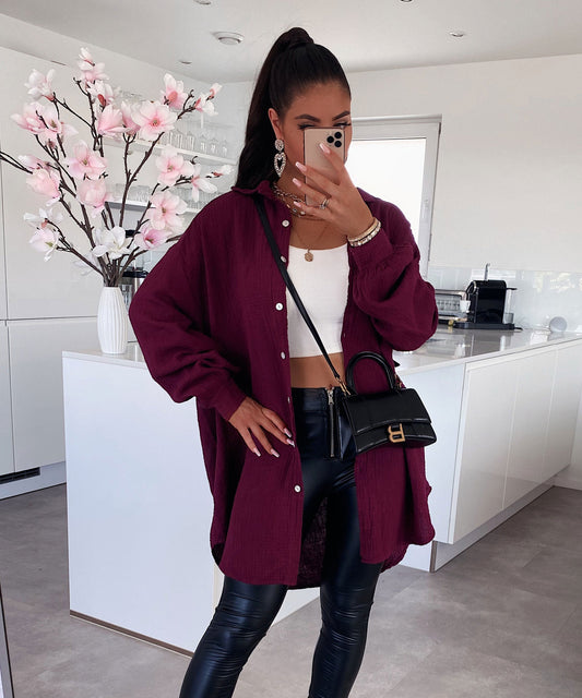 Supergranda muslina bluzo Freya Bordeaux longa