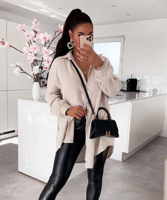 Supergranda muslina bluzo Freya beĝa longa