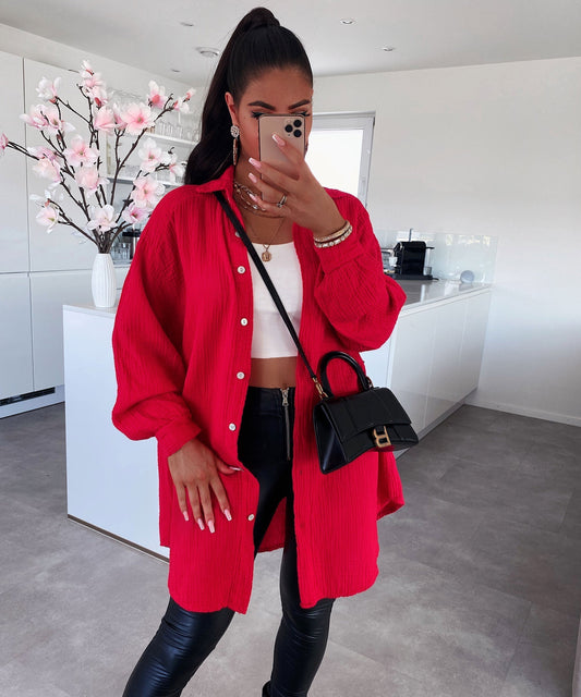 Supergranda muslina bluzo Freya ruĝa longa