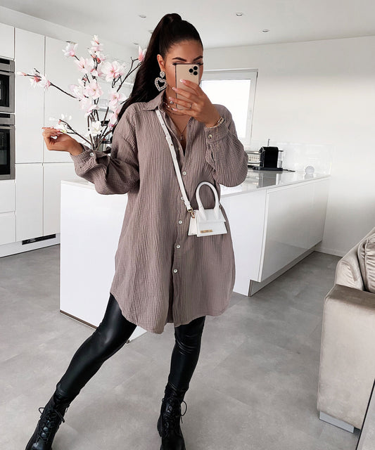 Supergranda muslina bluzo Freya Taupe Longa